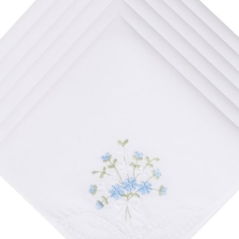 Embroidered White Handkerchief with Blue Floral Design